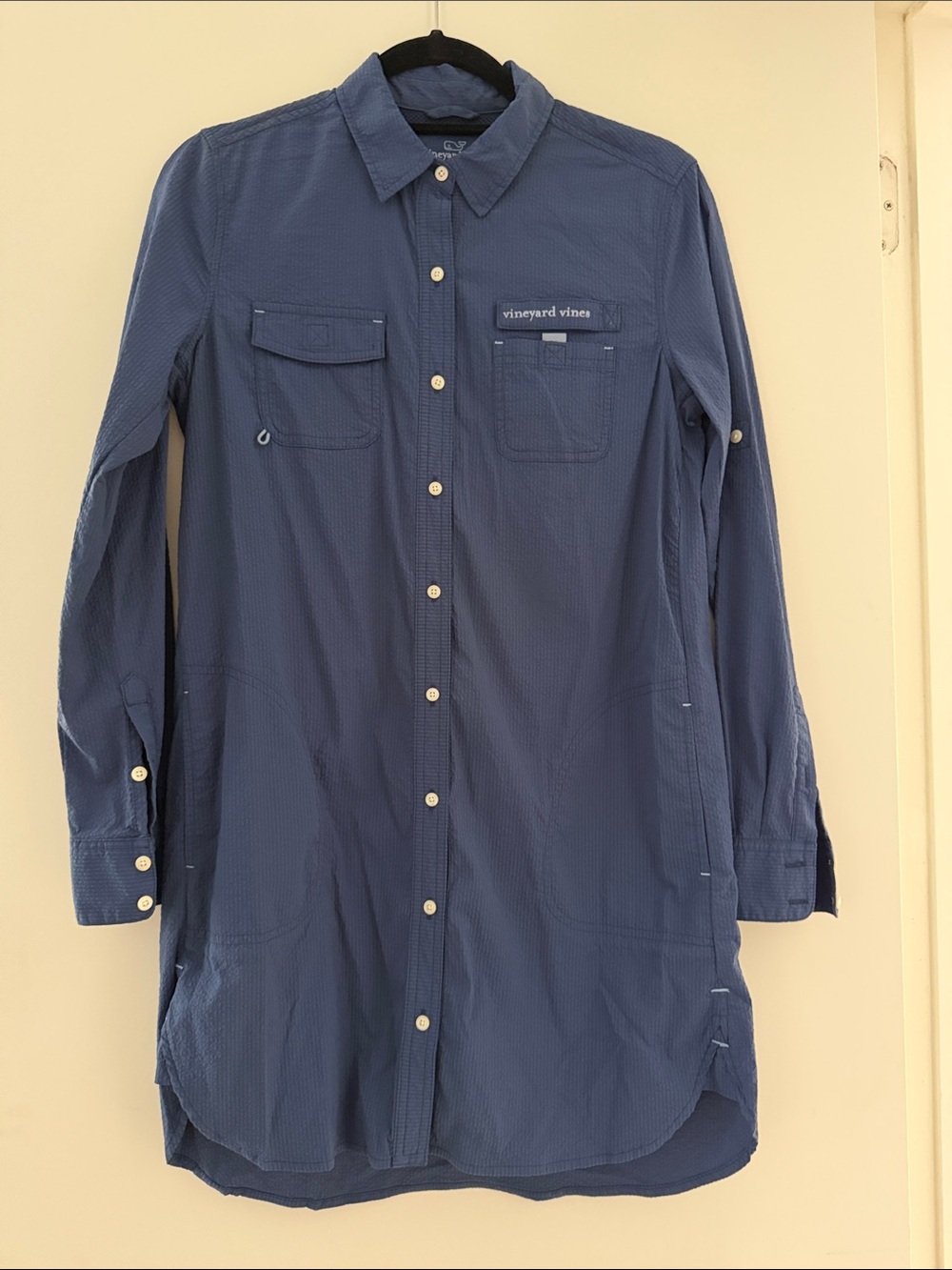 Vineyard Vines Navy Blue Seersucker Long Sleeve Button-Up Shirt Dress Coverup